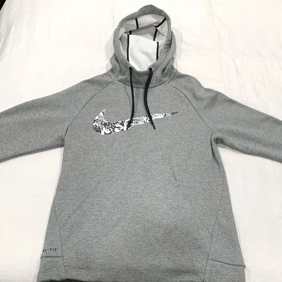 Nike Dri Fit Therma Fleece Running Turtleneck Big Swoosh Grey Pullover Hoodie XL - Picture 2 of 14